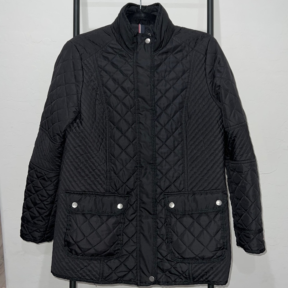 Tommy Hilfiger black zip-up with button snaps, quilted jacket / coat